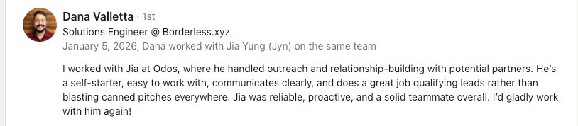 LinkedIn recommendation from Dana Valletta, Solutions Engineer at Borderless.xyz